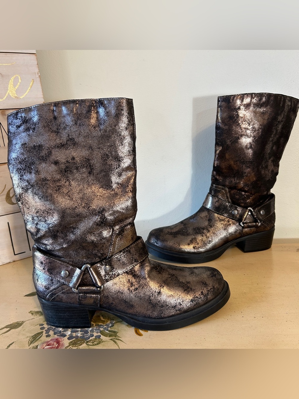 Simply Vera Vera Wang Metallic Bronze and Black Mid-Calf Heeled Moto Boots